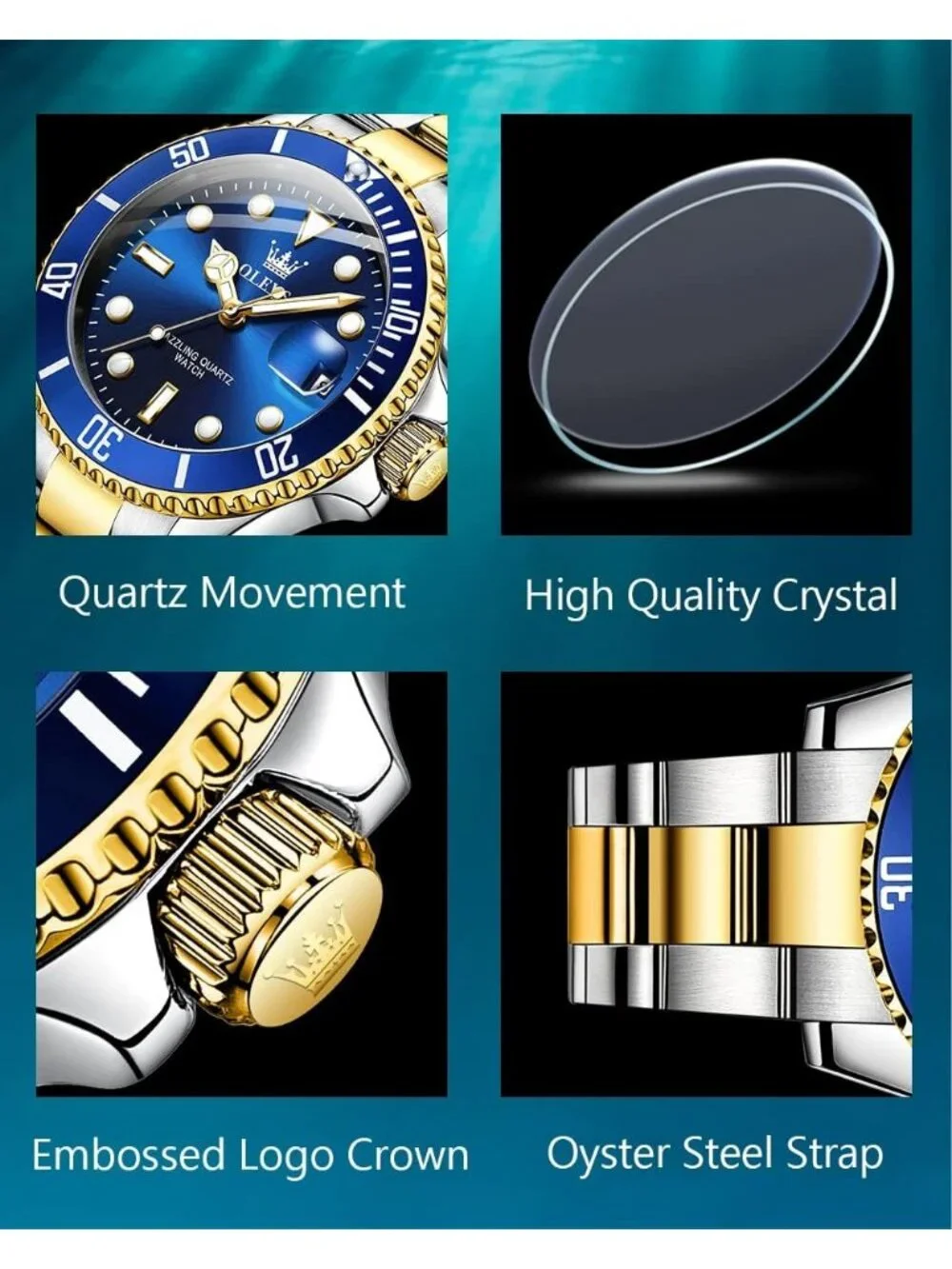Men's Blue Premium Gold and Silver Stainless Analog Rotatable Round Steel Watch